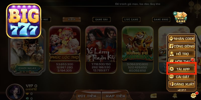 Mở trang chủ để tải app Big777