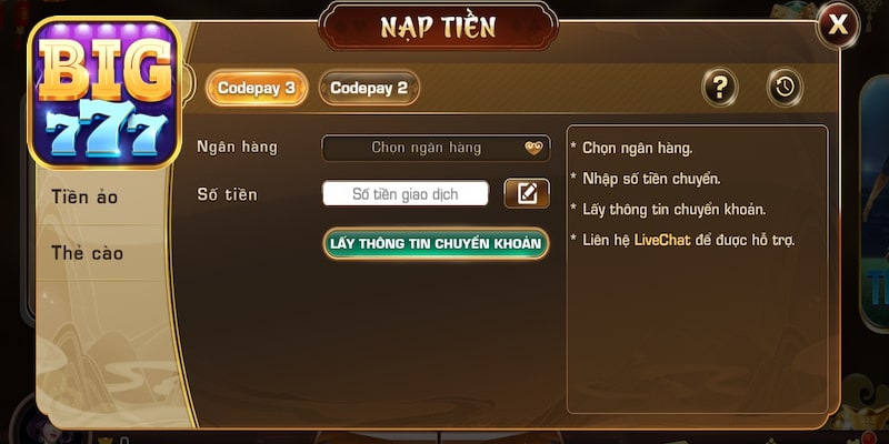 Nạp tiền ngay nhận thưởng Big777 khủng